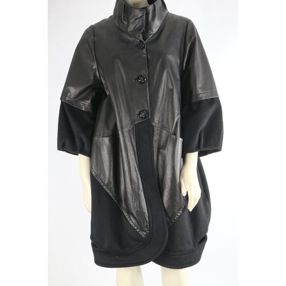 Black Leather Wool Contrasted Button Down Puff Midi Coat Size M - Picture 1 of 7